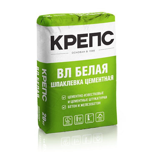 Шпаклевка цементная финишная Крепс ВЛ, белая, 20кг
